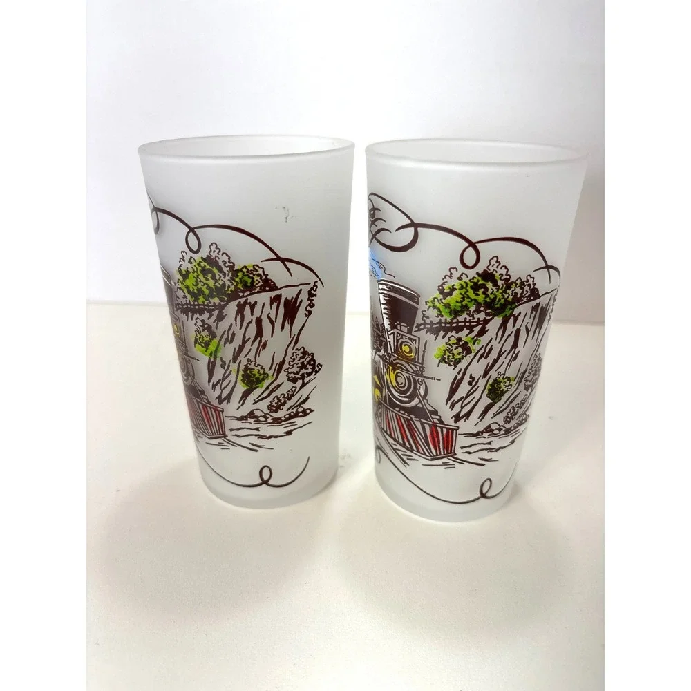 Vintage Currier & Ives Frosted Drinking Glass Railroad Scene 12oz Set of 2 1960s